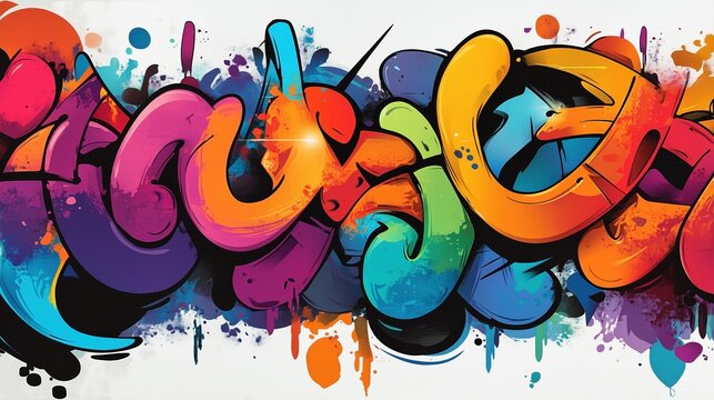 A dynamic and colorful abstract graffiti art design featuring flowing shapes and vibrant hues of purple, orange, green, and blue, with paint splatters, ideal for a street art background.