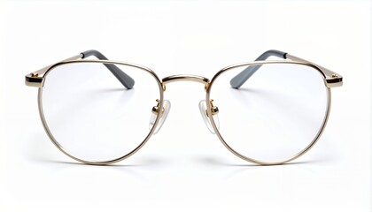 Fototapeta premium A close-up studio shot of a pair of stylish gold-framed eyeglasses with clear lenses and dark temples on a clean white background.