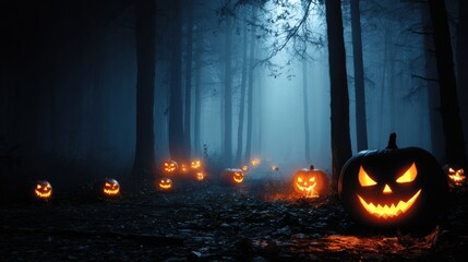 Naklejka premium Spooky Halloween Jack-o'-lanterns in a Foggy Forest