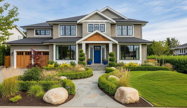 A modern, two-story house with a well-maintained front yard - Powered by Adobe