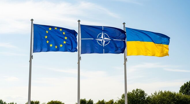 The flags of the European Union, NATO, and Ukraine, symbolizing Ukraine's aspirations for closer integration with Western organizations. 