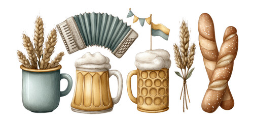 Charming Beer and Bread Illustration with Wheat in Transparent Background Design