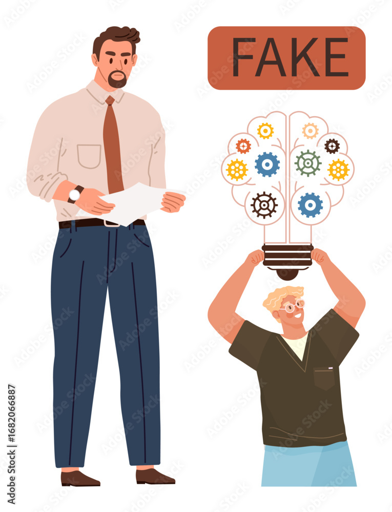 Poster man reading paper while another man holds lightbulb with cogs, implying fraud or stolen ideas. ideal