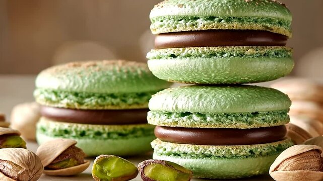 Stack of pastel green macarons with chocolate filling near pile of pistachios
