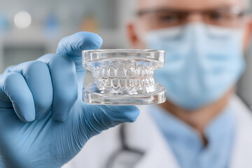 Doctor holding transparent dental night guard or mouhguard over its case