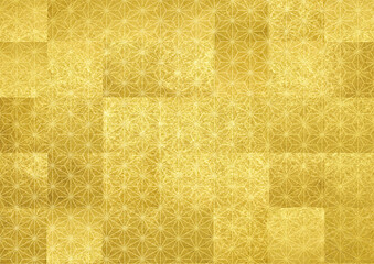 和の背景素材。金色の和紙に日本の伝統的な和柄のテクスチャ。お正月、お歳暮、年賀状素材、麻の葉