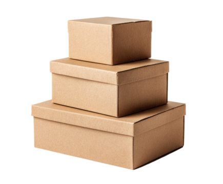 Three stacked cardboard boxes, light beige color,  nested in size order,  simple design