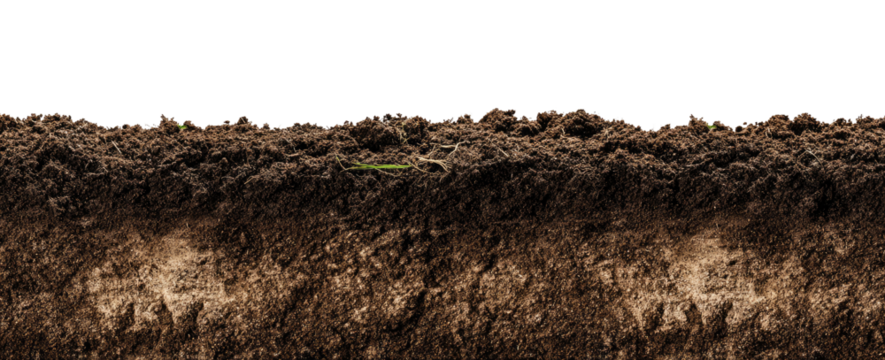 Close-up view of textured soil with subtle variations in color and surface.  Small, barely visible plant sprouts or roots are present.  A dark background isolates the soil