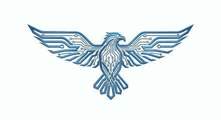 Obraz premium Stylized blue circuit board eagle with spread wings glowing eye against a white background