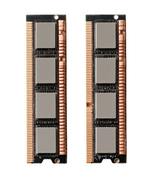 Two RAM modules, side-by-side, showing gray circuit boards with copper-colored connectors