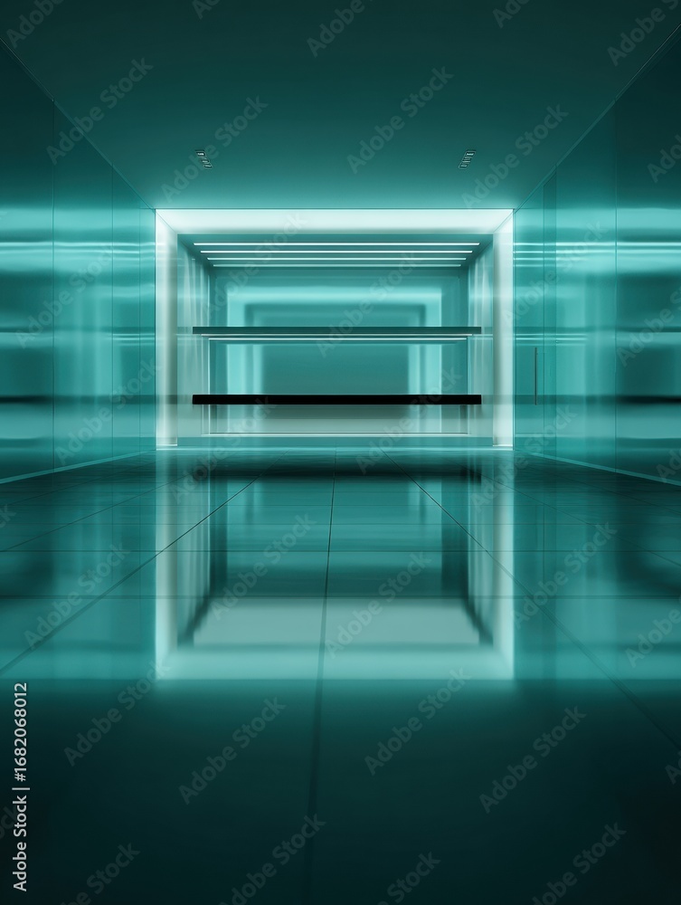 Poster a sleek corridor with illuminated edges creates a calming atmosphere. reflections on the glossy floo