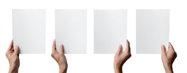 Four hands hold blank white sheets of paper