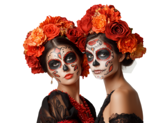 Two young women with traditional mexican sugar skull makeup wearing flower crowns and elegant dresses celebrating dia de los muertos. 