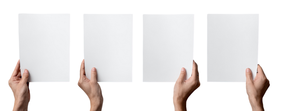 Four hands hold blank white sheets of paper