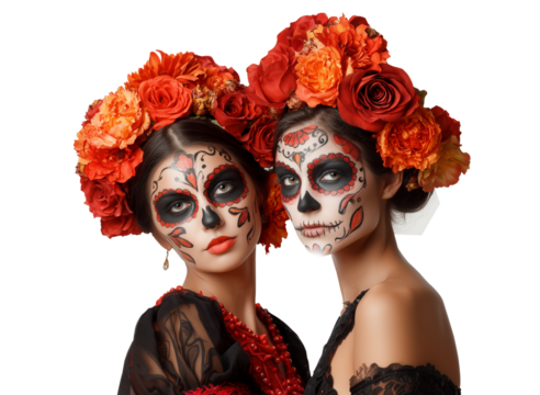 Two young women with traditional mexican sugar skull makeup wearing flower crowns and elegant dresses celebrating dia de los muertos. 