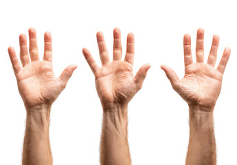 Three hands raised, palms up, in a row against black background
