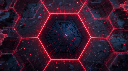 Abstract hexagonal pattern with glowing red lines.