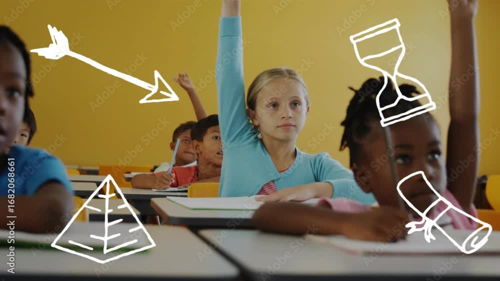 Aufkleber on arrow pyramid timer scroll icons fading students writing notebooks during lesson raising hands