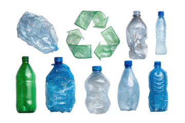 Crumpled plastic bottles and a recycling symbol.  Various colors of plastic bottles, some crumpled and distorted, surround a stylized recycling symbol