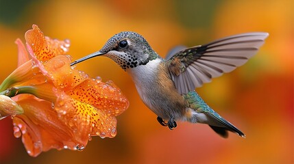 Fototapeta premium Hummingbird Feeding On Orange Flower, Close Up Wildlife Photography