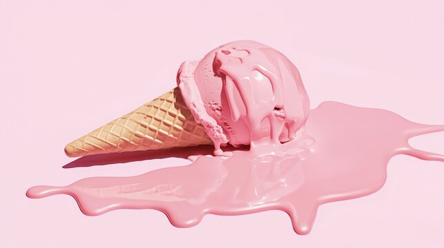 Melting pink ice cream in a cone on pink background. - Powered by Adobe