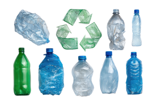 Crumpled plastic bottles and a recycling symbol.  Various colors of plastic bottles, some crumpled and distorted, surround a stylized recycling symbol