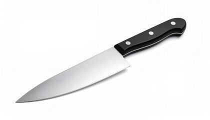 Close-up shot of a sharp, stainless steel chef's knife with a black handle.