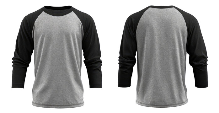 Gray long-sleeve t-shirt with black raglan sleeves and neckline.  Front and back views