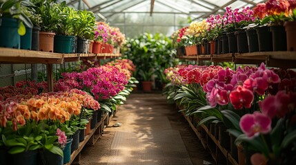 Naklejka premium Orchid Greenhouse Colorful Flowers in Pots