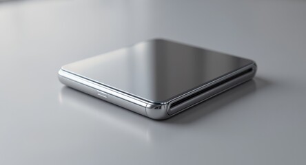 Close-up of a sleek, silver, foldable smartphone device on a neutral background