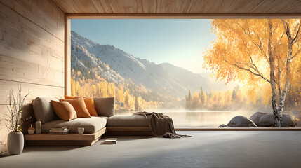 Beige couch with pillows in a modern room overlooking an autumnal lake and mountains.