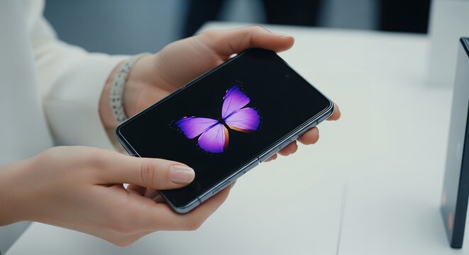 Close-up of Hands Holding a Foldable Smartphone Displaying a Purple Butterfly