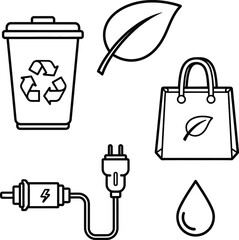 Ecology and Environmental Line Art Vector Illustration Set. Outline Icons of a Recycling Bin, Leaf, Eco Bag, Energy Plug, and Water Droplet. Green and Sustainable Design.