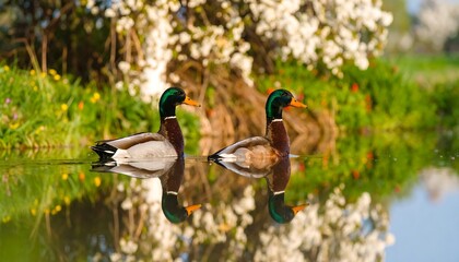 Obraz premium Two ducks mirroring each other on a calm spring pond, amidst blooming trees