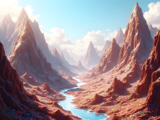 Fototapeta premium Chocolate Drizzle Candy Mountains: Design a fantasy panorama of mountains topped with chocolate drizzle and colorful candy sprinkles, glowing under the sun.