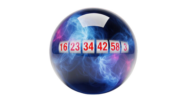 Lottery Ball with Winning Numbers Inside a Spherical Glass Dome on Black Background