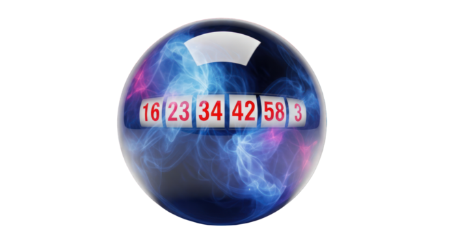 Lottery Ball with Winning Numbers Inside a Spherical Glass Dome on Black Background