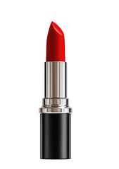 Close-up of a vibrant red lipstick.  The lipstick is a classic bullet shape, with a glossy, vivid red hue.  A metallic silver cap and a black lipstick tube are visible