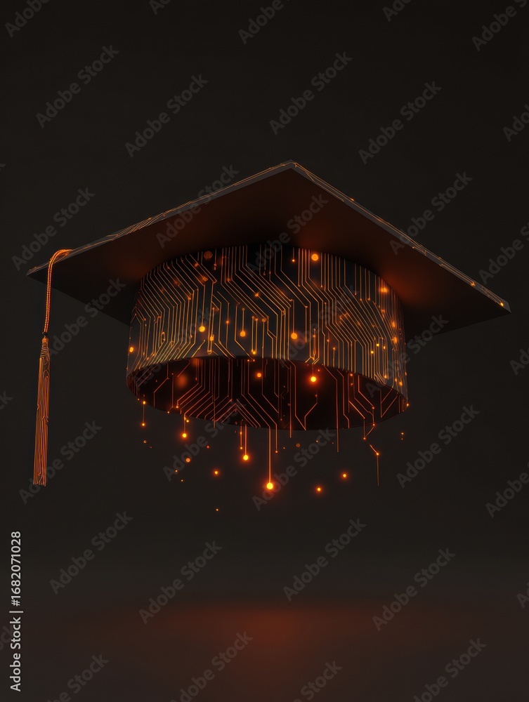 Poster a graduation cap hovers against a dark background, decorated with circuit patterns and illuminated b