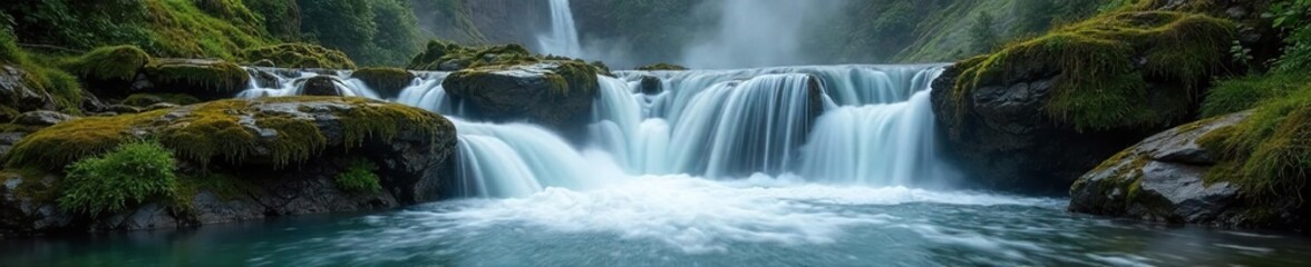 Cascading hot spring water tumbles over mossy rocks, creating a mesmerizing display of nature's beauty Steam rises creating a mystical atmosphere in this idyllic scene , peace, relaxation, energy