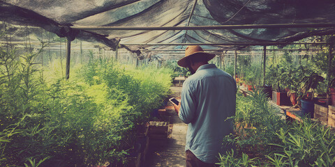 A Gardener Nurturing Vibrant Plants in a Sunlit Greenhouse