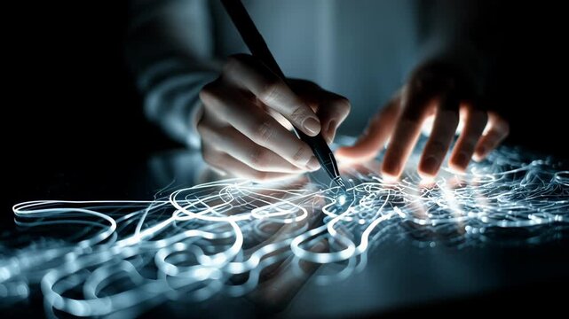 Futuristic Digital Art Creation with Abstract Light Patterns and Hands