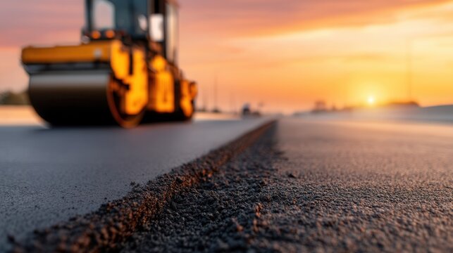 Heavy Machinery Compacts Asphalt During Sunset on a Construction Site