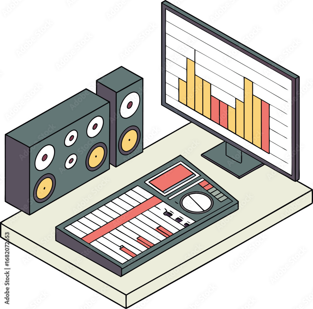 Poster cosine curve as audio production motif, isometric style isometric mixing desk with phase meter and c
