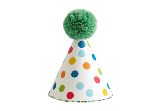 Colorful party hat with a pom-pom.  Bright, playful design.  Conical shape.  Dots in various colors on white background.  Green pom-pom atop