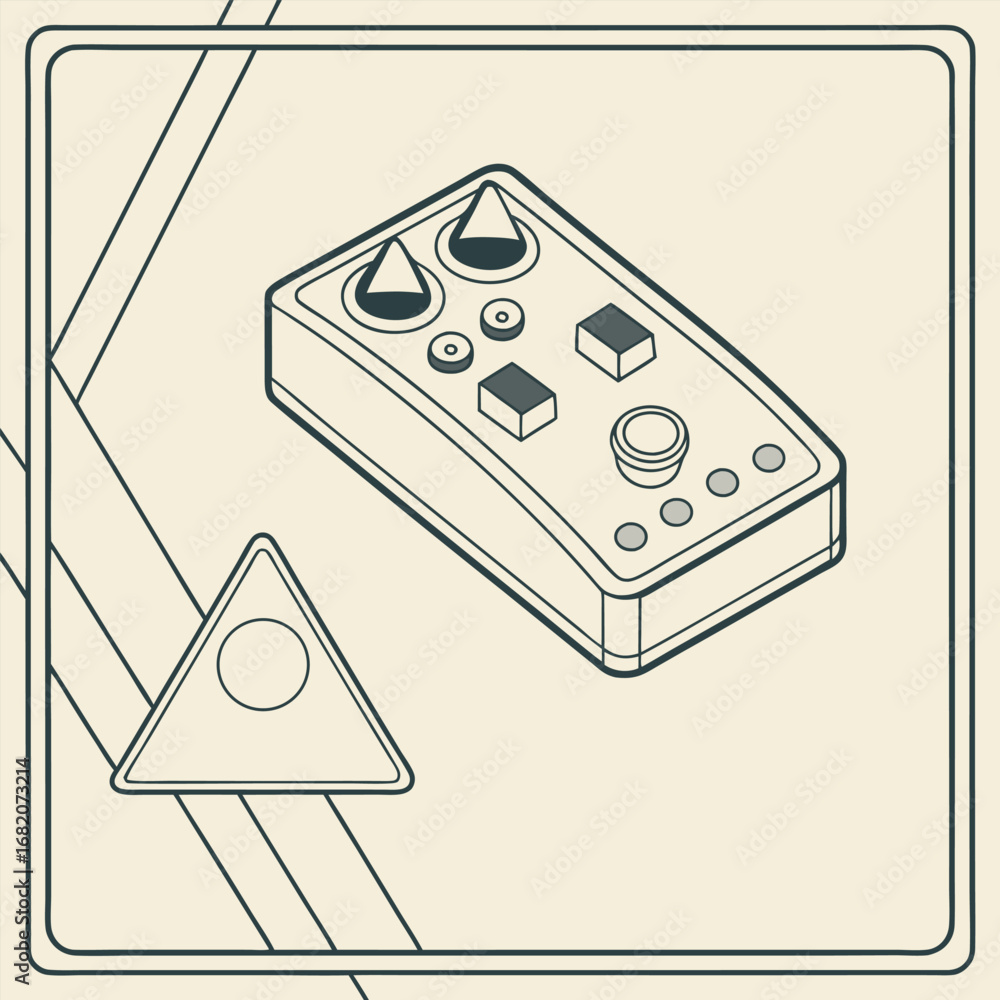 Poster triangle wave in audio production brochure, flat design triangular oscillator icon with knob, vector