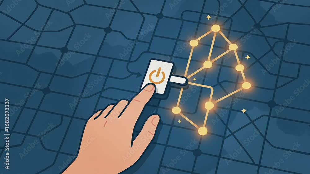 Poster power button hand finger pressing controls electricity flow restores power after outage with glowing