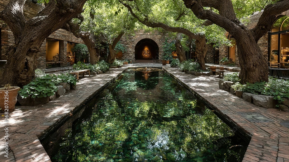 Poster rectangular pool reflects trees and sky in a courtyard with stone walls.