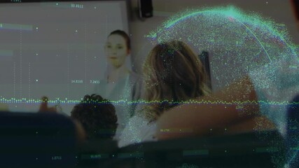 Student raising hand asking question in class while teacher gesturing at board and globe pulsing - Powered by Adobe