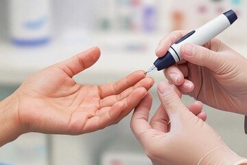 Patient receiving a finger prick blood test from a medical professional, for glucose, diabetes, or cholesterol. Highlighting health and medical diagnostics.